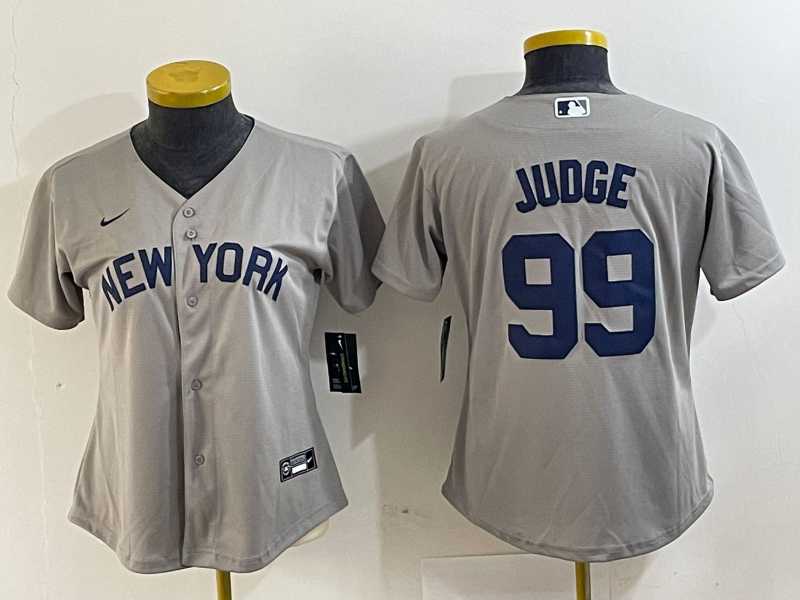 Women%27s New York Yankees #99 Aaron Judge Name 2021 Grey Field of Dreams Cool Base Stitched Jersey